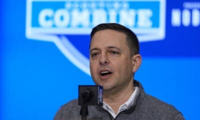 New England Patriots director of scouting Eliot Wolf speaks during a press conference at the NFL football scouting combine in Indianapolis, Tuesday, Feb. 27, 2024. (AP Photo/Michael Conroy)