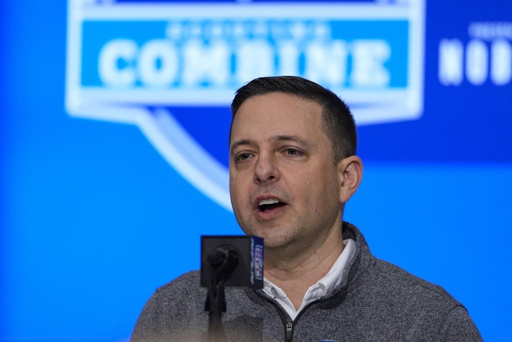 New England Patriots director of scouting Eliot Wolf speaks during a press conference at the NFL football scouting combine in Indianapolis, Tuesday, Feb. 27, 2024. (AP Photo/Michael Conroy)