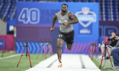 Clemson defensive lineman Ruke Orhorhoro runs the 40-yard dash at the NFL football scouting combine, Thursday, Feb. 29, 2024, in Indianapolis. Orhorhoro saw his NFL Draft stock rise at the combine. (AP Photo/Michael Conroy)