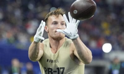 New Hampshire running back Dylan Laube runs a drill at the NFL football scouting combine, Saturday, March 2, 2024, in Indianapolis. (AP Photo/Michael Conroy)