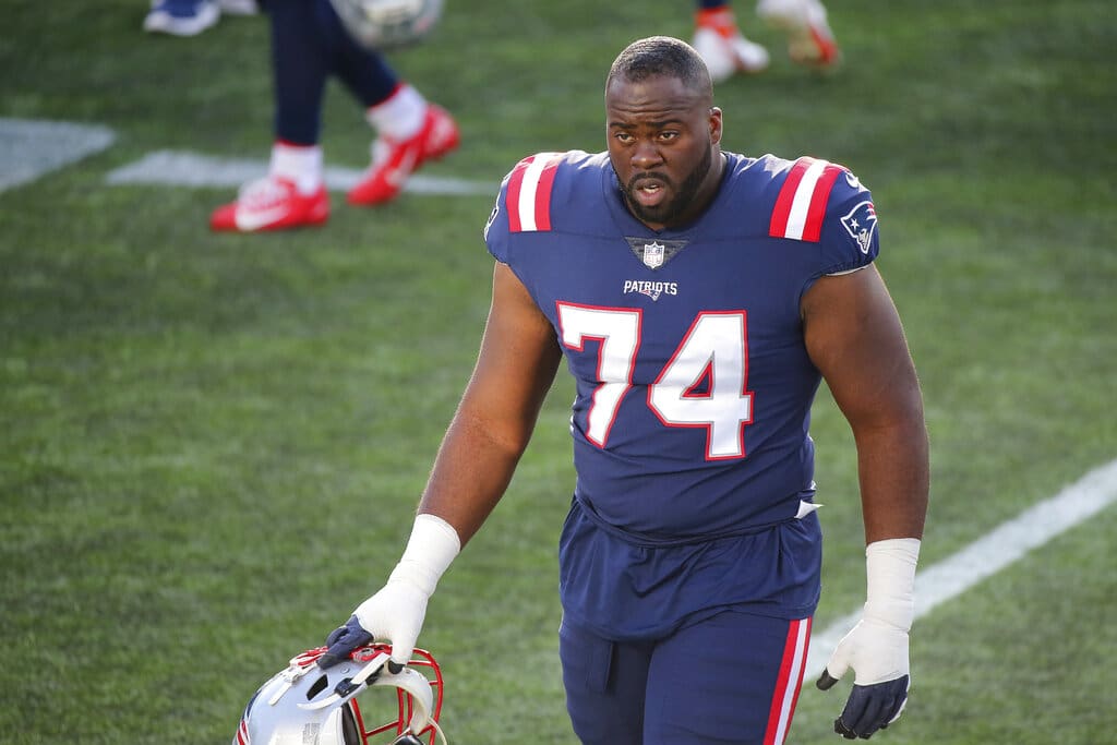 New England Patriots offensive lineman Korey Cunningham (74) walks off the field following an NFL football game against the Denver Broncos, Sunday, Oct. 18, 2020, in Foxborough, Mass. (AP Photo/Stew Milne)