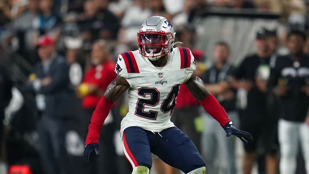 New England Patriots safety Joshuah Bledsoe (24) runs a play during an NFL football game against the Las Vegas Raiders Monday, Aug. 29, 2022, in Las Vegas, Nevada. (AP Photo/Ashley Landis)