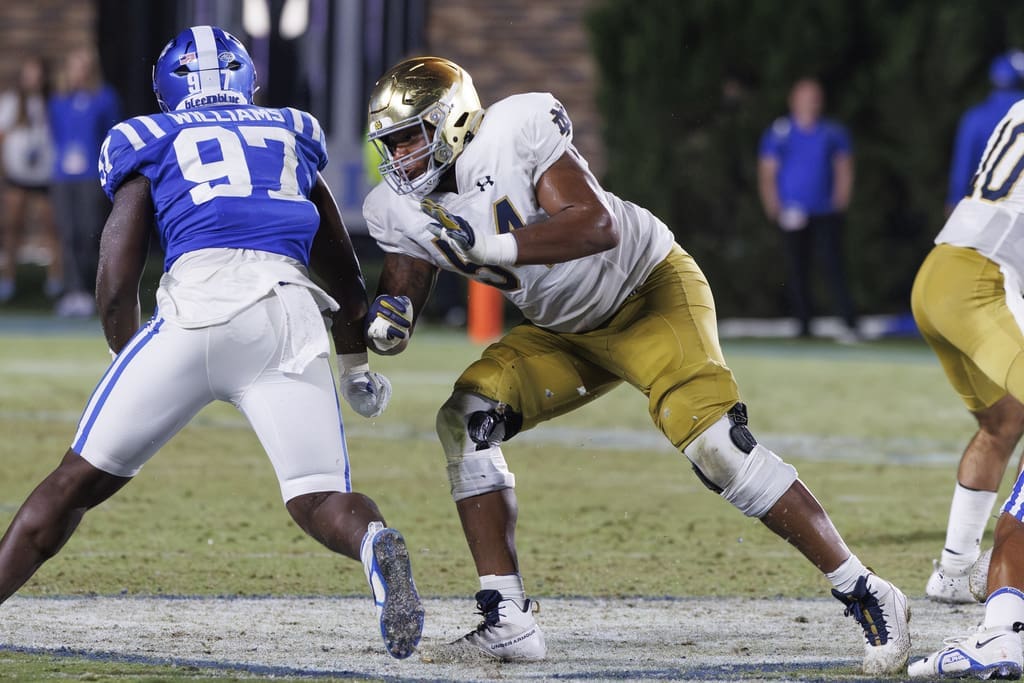 Notre Dame's Blake Fisher (54) blocks during an NCAA college football game in Durham, N.C., Saturday, Sept. 30, 2023. (AP Photo/Ben McKeown)