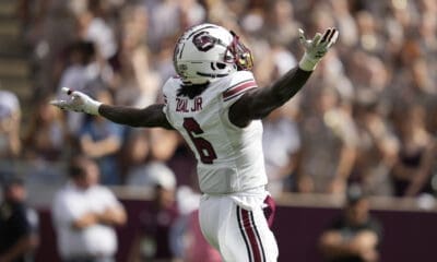 South Carolina defensive back Marcellas Dial (6) reacts after sacking Texas A&M quarterback Max Johnson (14) during the first quarter of an NCAA college football game Saturday, Oct. 28, 2023, in College Station, Texas. (AP Photo/Sam Craft)