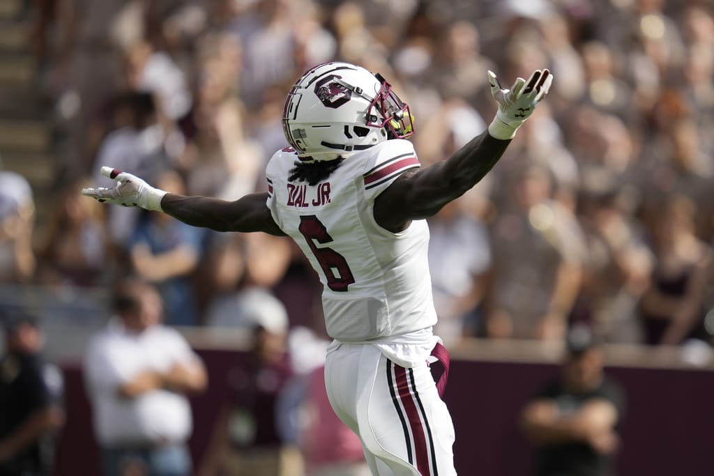South Carolina defensive back Marcellas Dial (6) reacts after sacking Texas A&M quarterback Max Johnson (14) during the first quarter of an NCAA college football game Saturday, Oct. 28, 2023, in College Station, Texas. (AP Photo/Sam Craft)