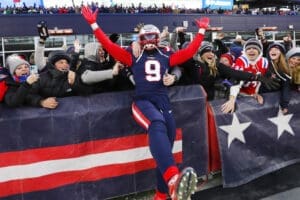 New England Patriots linebacker Matthew Judon (9) during the second half of an NFL football game, Sunday, Nov. 20, 2022, in Foxborough, Mass. (AP Photo/Michael Dwyer)