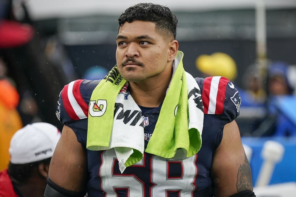 New England Patriots guard Atonio Mafi (68) stands on the sideline during an NFL football game against the New York Jets on Sunday Sept. 24, 2023, in New York. (AP Photo/Bryan Woolston)