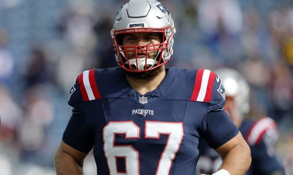 New England Patriots center Jake Andrews (67) prior to an NFL football game against the Buffalo Bills, Sunday, Oct. 22, 2023, in Foxborough, Mass. (AP Photo/Michael Dwyer)