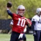 New England Patriots first round quarterback draft pick Drake Maye (10) throws the ball during the NFL football team's rookie minicamp Saturday, May 11, 2024, in Foxborough, Mass. (AP Photo/Mark Stockwell)