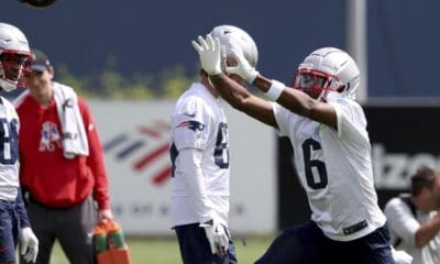 New England Patriots fourth round wide receiver draft pick Javon Baker (6) catches the ball during the NFL football team's rookie minicamp Saturday, May 11, 2024, in Foxborough, Mass. (AP Photo/Mark Stockwell)