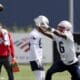 New England Patriots fourth round wide receiver draft pick Javon Baker (6) catches the ball during the NFL football team's rookie minicamp Saturday, May 11, 2024, in Foxborough, Mass. (AP Photo/Mark Stockwell)