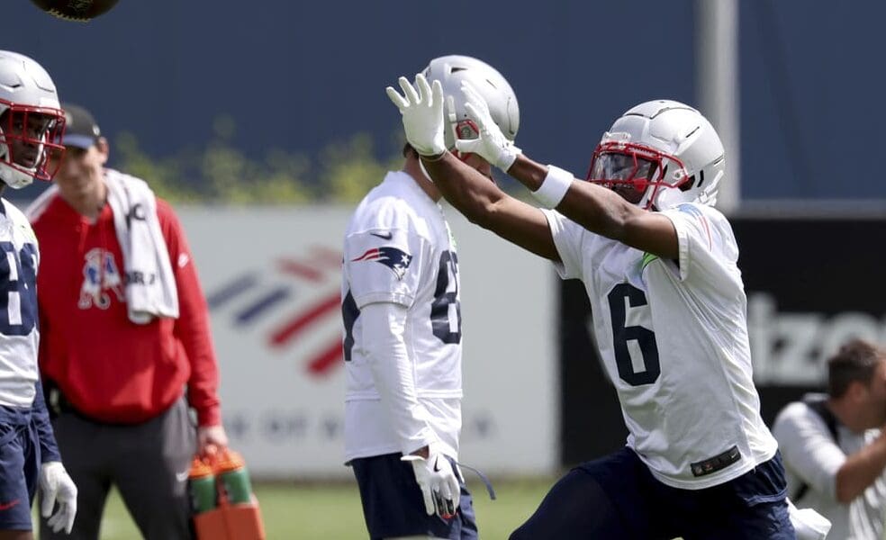 New England Patriots fourth round wide receiver draft pick Javon Baker (6) catches the ball during the NFL football team's rookie minicamp Saturday, May 11, 2024, in Foxborough, Mass. (AP Photo/Mark Stockwell)