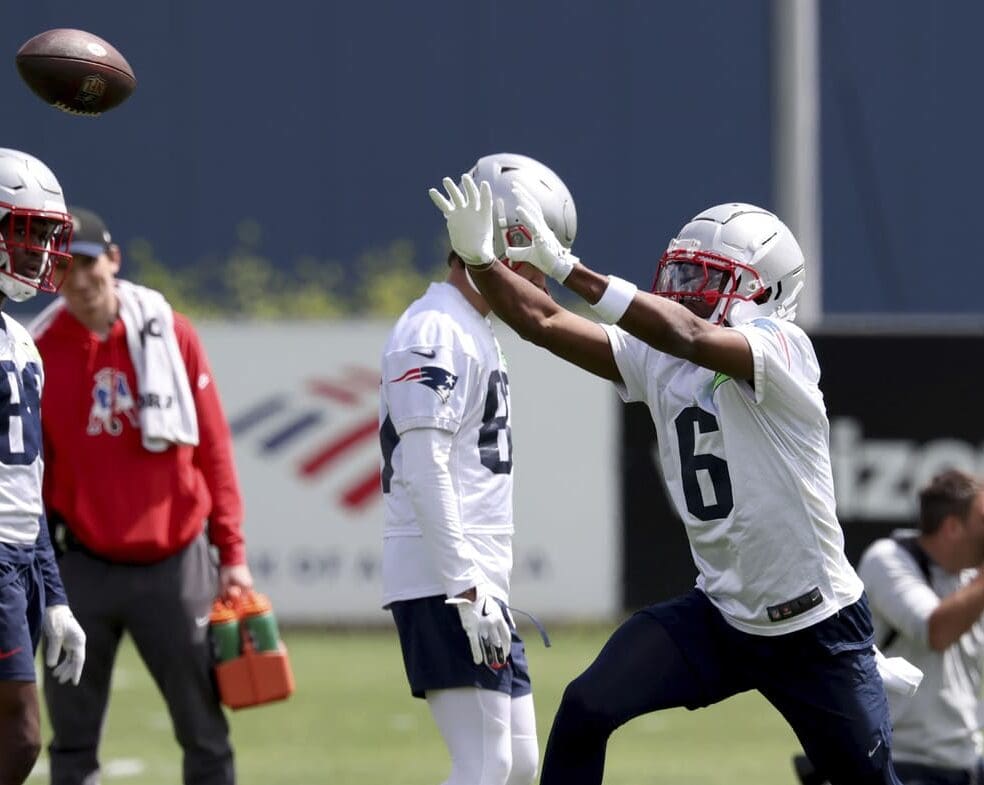 New England Patriots fourth round wide receiver draft pick Javon Baker (6) catches the ball during the NFL football team's rookie minicamp Saturday, May 11, 2024, in Foxborough, Mass. (AP Photo/Mark Stockwell)