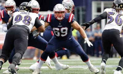 New England Patriots guard Cole Strange blocks against the Baltimore Ravens during an NFL football game at Gillette Stadium, Sunday, Sunday, Sept. 24, 2022 in Foxborough, Mass. (Winslow Townson/AP Images for Panini)