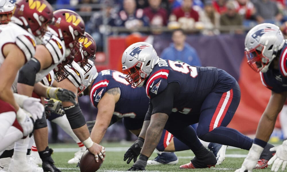 New England Patriots defensive tackle Davon Godchaux lines up against the Washington Commanders during an NFL football game at Gillette Stadium, Sunday Nov. 5, 2023 in Foxborough, Mass. (Winslow Townson/AP Images for Panini)