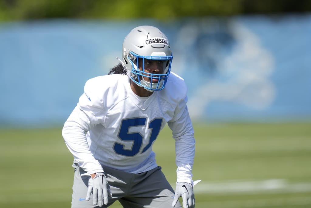 Detroit Lions linebacker Steele Chambers runs a drill during an NFL rookie football practice, Friday, May 10, 2024, in Allen Park, Mich. Chambers has been claimed off waivers by the New England Patriots. (AP Photo/Carlos Osorio)