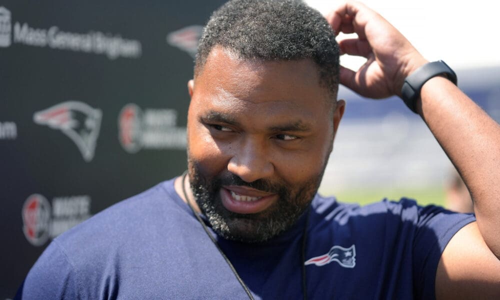 New England Patriots head coach Jerod Mayo faces reporters before NFL football practice, Tuesday, June 4, 2024, in Foxborough, Mass. (AP Photo/Steven Senne)