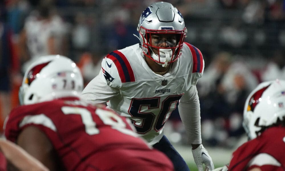 New England Patriots linebacker Raekwon McMillan (50) lines up against the Arizona Cardinals during the first half of an NFL football game, Monday, Dec. 12, 2022, in Glendale, Ariz. (AP Photo/Rick Scuteri)