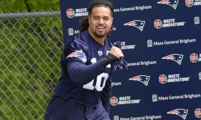 New England Patriots linebacker Sione Takitaki (16) steps on the field before an NFL football practice, Monday, May 20, 2024, in Foxborough, Mass. (AP Photo/Steven Senne)