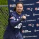 New England Patriots linebacker Sione Takitaki (16) steps on the field before an NFL football practice, Monday, May 20, 2024, in Foxborough, Mass. (AP Photo/Steven Senne)