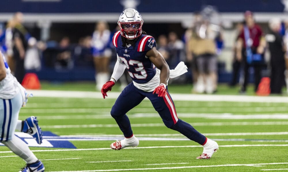 New England Patriots safety Kyle Dugger (23) is seen during the first half of an NFL football game against the Dallas Cowboys, Sunday, Oct. 1, 2023, in Arlington, Texas. Dallas won 38-3. (AP Photo/Brandon Wade)