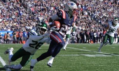 New England Patriots cornerback Marcus Jones, right, is pursued by New York Jets cornerback Brandin Echols, left, in the first half of an NFL football game, Sunday, Oct. 27, 2024, in Foxborough, Mass. (AP Photo/Michael Dwyer)