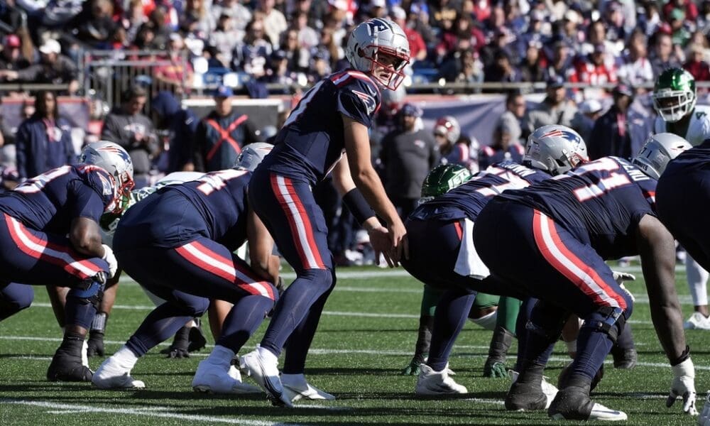 New England Patriots quarterback Drake Maye (10) in the first half of an NFL football game, Sunday, Oct. 27, 2024, in Foxborough, Mass. (AP Photo/Michael Dwyer)