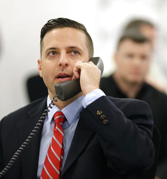 FILE - In this April 28, 2016, file photo, Green Bay Packers' Eliot Wolf, director of football operations, makes a phone call inside the war room during the 2016 NFL Football draft at Lambeau Field in Green Bay, Wis. New Browns general manager John Dorsey has added former Green Bay executive Eliot Wolf and Alonzo Highsmith to his revamped front office. Wolf interviewed on Tuesday, Jan. 9, 2018, with Dorsey, who came to Cleveland last month after Browns owner Jimmy Haslam fired vice president Sashi Brown. Wolf is now working for the New England Patriots. (Evan Siegle/The Green Bay Press-Gazette via AP, File)