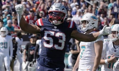 New England Patriots linebacker Christian Elliss (53) during the first half of an NFL football game, Sunday, Oct. 6, 2024, in Foxborough, Mass. (AP Photo/Michael Dwyer)