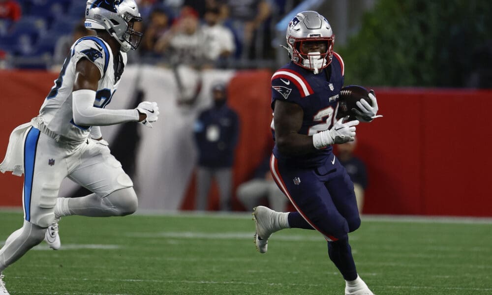 New England Patriots' Terrell Jennings runs the ball against the Carolina Panthers during an NFL preseason football game at Gillette Stadium, Thursday, Aug. 8, 2024 in Foxborough, Mass. (Winslow Townson/AP Images for Panini)