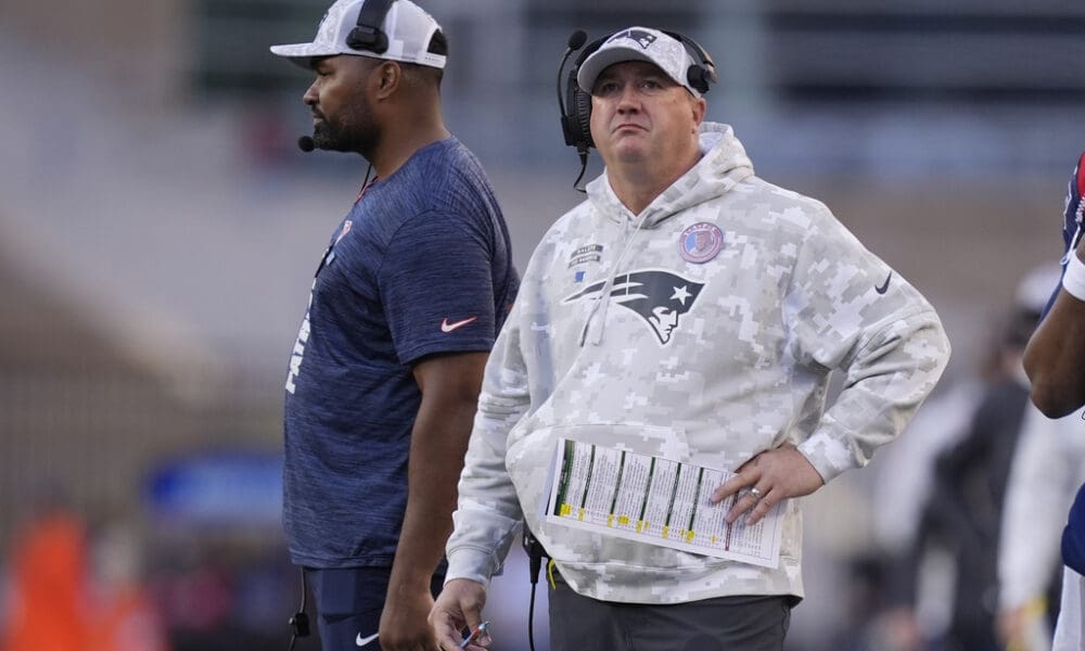 New England Patriots offensive coordinator Alex Van Pelt, right, stands with head coach Jerod Mayo during the second half of an NFL football game against the Los Angeles Rams, Sunday, Nov. 17, 2024, in Foxborough, Mass. (AP Photo/Michael Dwyer)