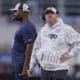 New England Patriots offensive coordinator Alex Van Pelt, right, stands with head coach Jerod Mayo during the second half of an NFL football game against the Los Angeles Rams, Sunday, Nov. 17, 2024, in Foxborough, Mass. (AP Photo/Michael Dwyer)