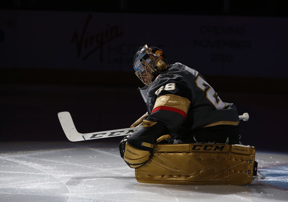 LAS VEGAS, NV - FEBRUARY 15: Vegas Golden Knights goaltender Marc-Andre Fleury (29) warms up before the start of a regular season game against the New York Islanders Saturday, Feb. 15, 2020, at T-Mobile Arena in Las Vegas, Nevada. (Photo by: Marc Sanchez/Icon Sportswire)