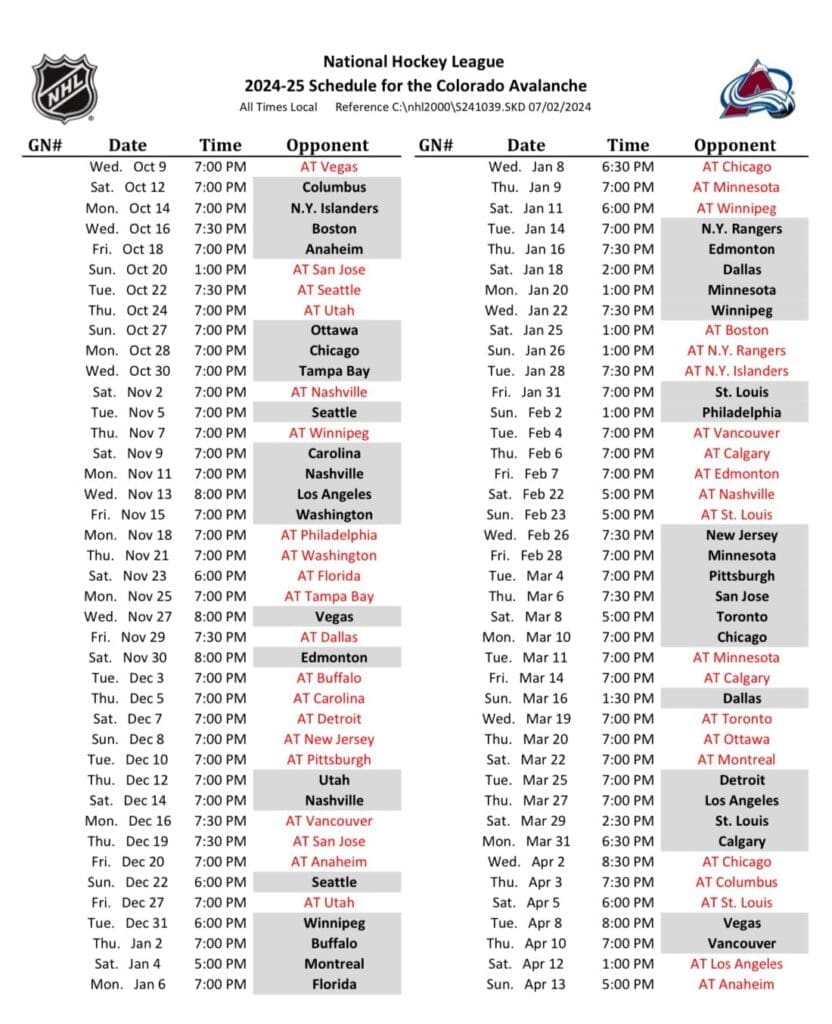 Your 2024/25 Colorado Avalanche Schedule Is Here; Important Dates To