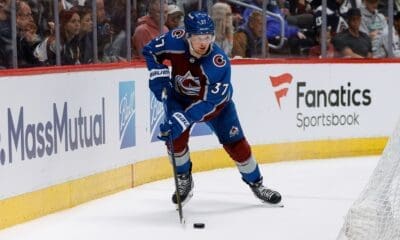 May 11, 2024; Denver, Colorado, USA; Colorado Avalanche center Casey Mittelstadt (37) controls the puck in the third period against the Dallas Stars in game three of the second round of the 2024 Stanley Cup Playoffs at Ball Arena. Mandatory Credit: Isaiah J. Downing-Imagn Images