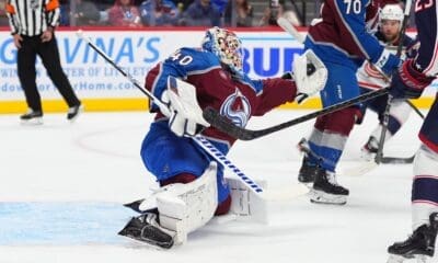 Oct 12, 2024; Denver, Colorado, USA; Colorado Avalanche goaltender Alexandar Georgiev (40) makes a save in the first period against the Columbus Blue Jackets at Ball Arena. Mandatory Credit: Ron Chenoy-Imagn Images