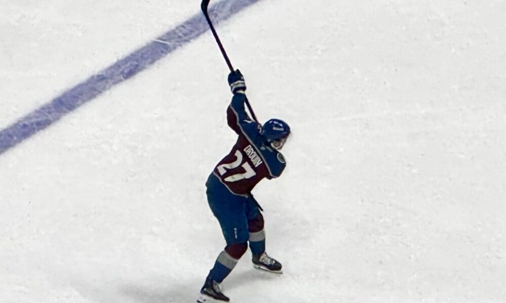 Avalanche forward Jonathan Drouin winds up during warmups against the Edmonton Oilers on Jan. 17, 2025