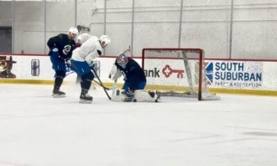 Avalanche goaltender Mackenzie Blackwood works to stop puck at practice on Jan. 3, 2025