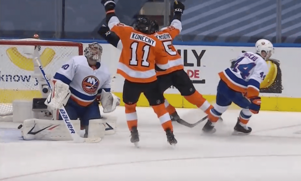 New York Islanders lament a goal scored by the Philadelphia Flyers