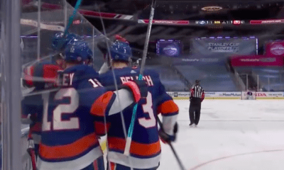 Islanders celebrate Brock Nelson's game-winning goal in Game 3