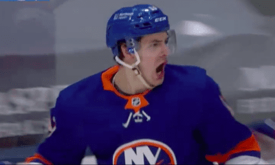 New York Islanders Mathew Barzal celebrates his goal against the Pittsburgh Penguins.