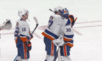 New York Islanders celebrate Sorokin win