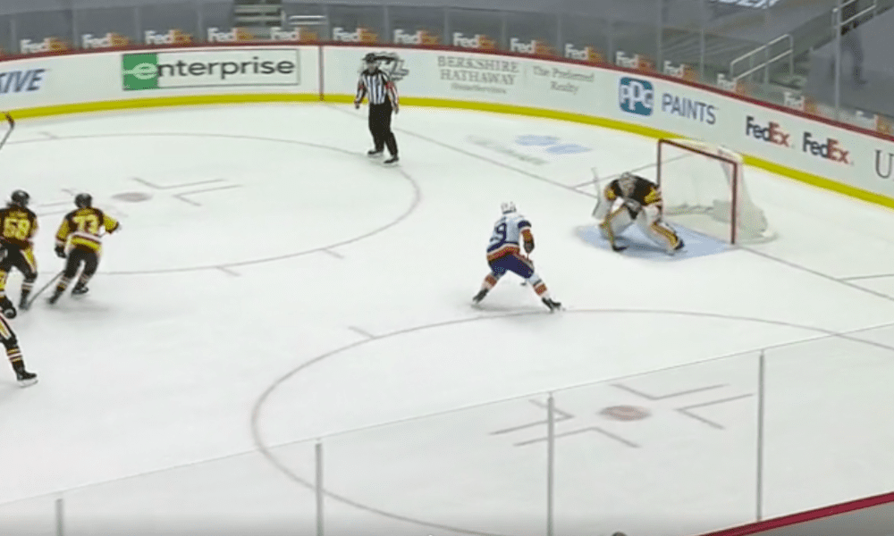 New York Islanders Brock Nelson on a breakaway against the Pittsburgh Penguins