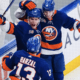 New York Islanders Bo Horvat, Mathew Barzal and Noah Dobson celebrating Horvat's first goal as an Islander (Photo courtesy of New York Islanders Twitter)