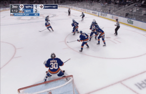 New York Islanders Zach Parise blocking a shot. 