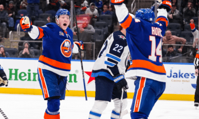 New York Islanders Simon Holmstrom after scoring go-ahead goal vs. Winnipeg Jets (Photo couretsy of New York Islanders Twitter)